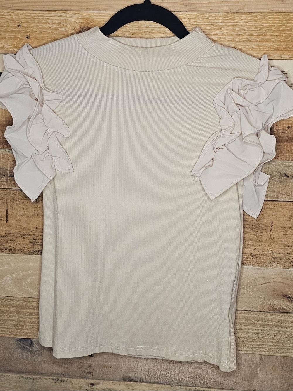 Mock Neck Ruffle Sleeve Short-Sleeve Top - Cream